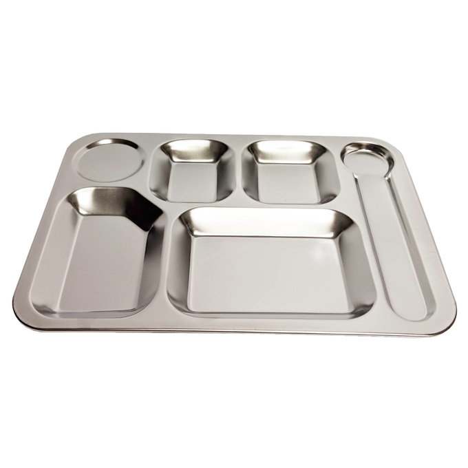 Durable stainless steel picnic tray with six separate compartments for food, drink, and utensils, ideal for Kitchen & Food, Dinnerware, Best Sellers, Promo Eligible, and Sale collections.