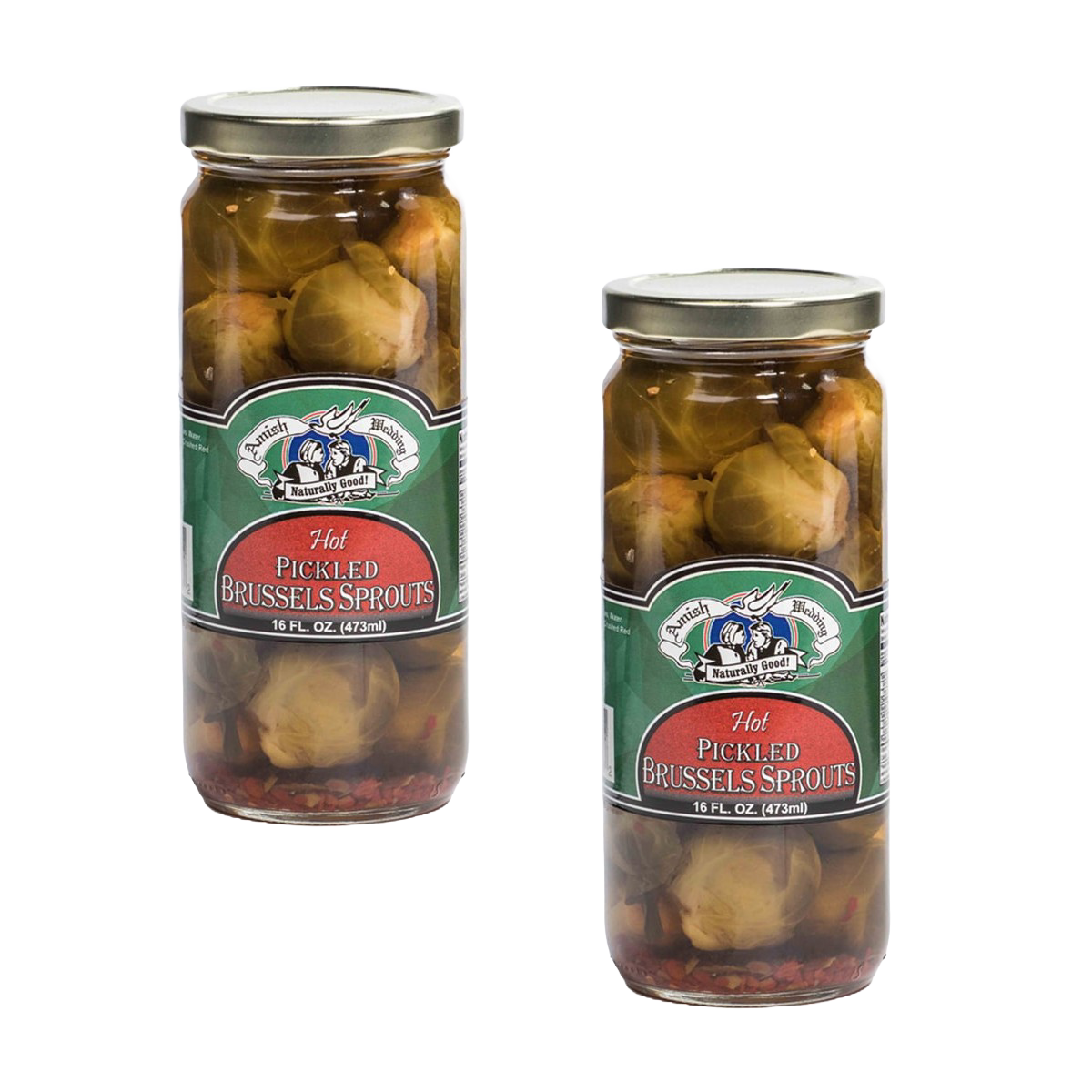 Two glass jars of handcrafted pickled Brussels sprouts with a hot, tangy spice blend, made in USA, ideal for Kitchen & Food, Pantry, Best Sellers, and Promo Eligible collections.