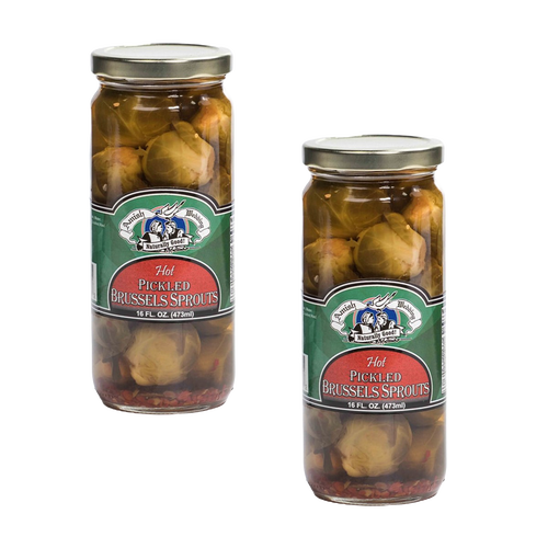 Two glass jars of handcrafted pickled Brussels sprouts with a hot, tangy spice blend, made in USA, ideal for Kitchen & Food, Pantry, Best Sellers, and Promo Eligible collections.