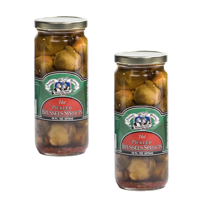 Two glass jars of handcrafted pickled Brussels sprouts with a hot, tangy spice blend, made in USA, ideal for Kitchen & Food, Pantry, Best Sellers, and Promo Eligible collections.