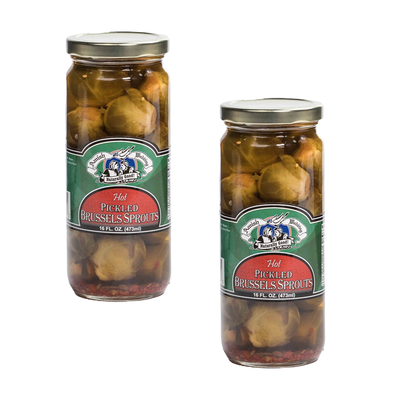 Two glass jars of handcrafted pickled Brussels sprouts with a hot, tangy spice blend, made in USA, ideal for Kitchen & Food, Pantry, Best Sellers, and Promo Eligible collections.