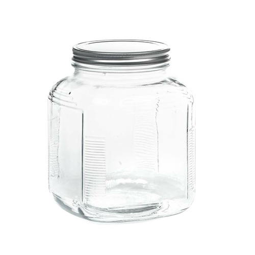 Clear square 1 gallon butter churn jar made in USA with metal screw-on lid, compatible with older style lids, featured in Kitchen & Food, Specialty Equipment, Making Butter collections.