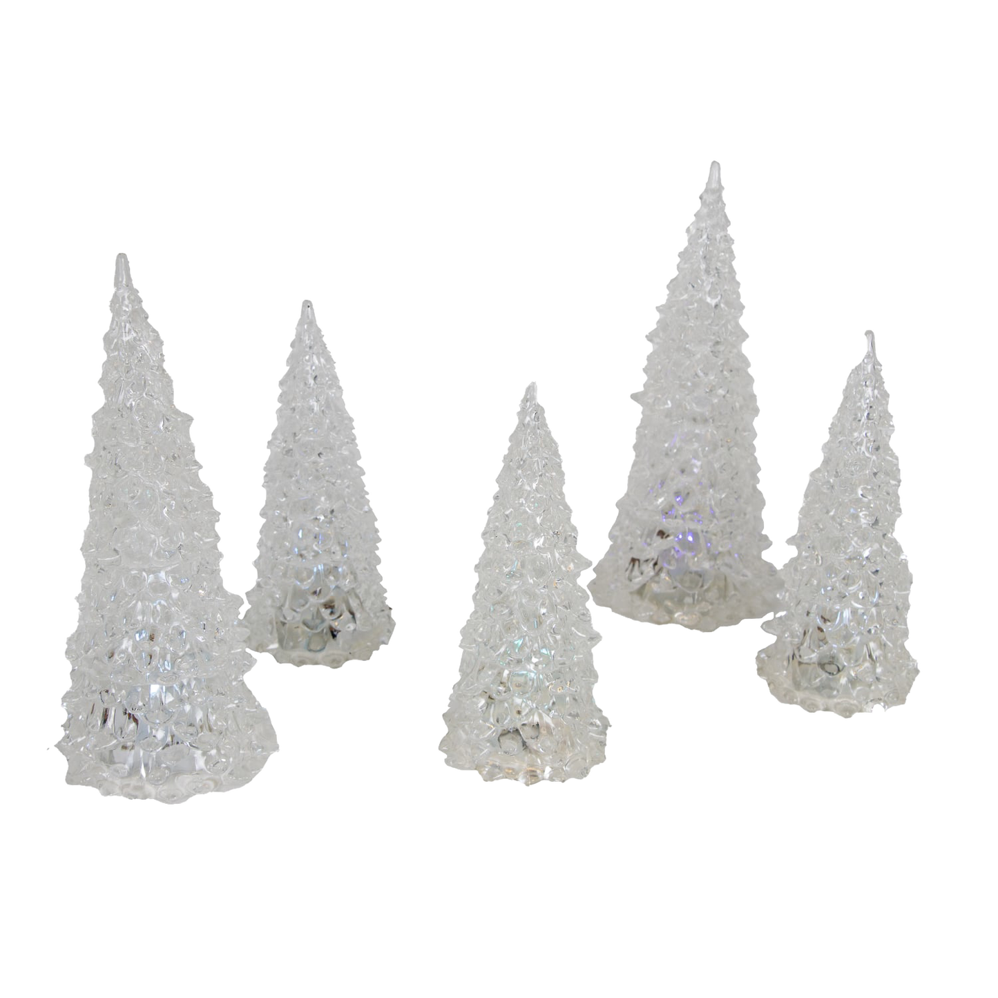Set of five clear acrylic Christmas trees with textured surfaces, designed for indoor holiday decor, glowing softly with changing LED colors, perfect for Home & Decor collections.