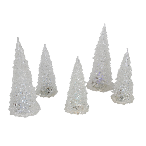 Set of five clear acrylic Christmas trees with textured surfaces, designed for indoor holiday decor, glowing softly with changing LED colors, perfect for Home & Decor collections.