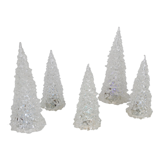 Set of five clear acrylic Christmas trees with textured surfaces, designed for indoor holiday decor, glowing softly with changing LED colors, perfect for Home & Decor collections.