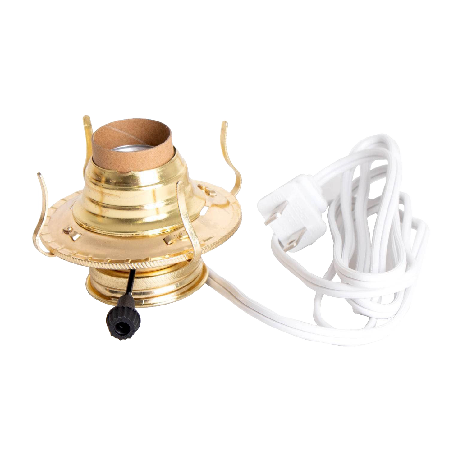 Handcrafted brass plated electrified burner for oil lamps with removable screw-on collar, 1-3/16" threaded base, UL listed 6 ft. white cord, suited for Lamps & Lighting and Electric Conversion collections.