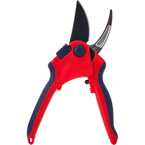 Large bypass pruning shears with ergonomic red and blue handles and sharp carbon steel blades, designed for smooth green stem cuts in Farm, Garden & Tool and Lawncare collections.