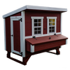 Handcrafted heavy-duty chicken coop in red with white trim, featuring windows, secure door, and nesting box, designed for year-round use in farm, garden & tool, and chicken accessories collections.