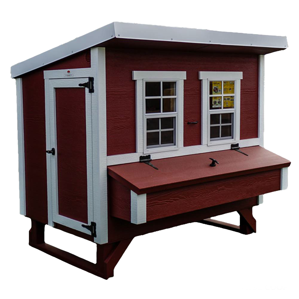 Handcrafted heavy-duty chicken coop in red with white trim, featuring windows, secure door, and nesting box, designed for year-round use in farm, garden & tool, and chicken accessories collections.