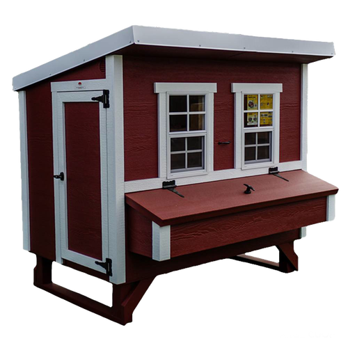 Handcrafted heavy-duty chicken coop in red with white trim, featuring windows, secure door, and nesting box, designed for year-round use in farm, garden & tool, and chicken accessories collections.