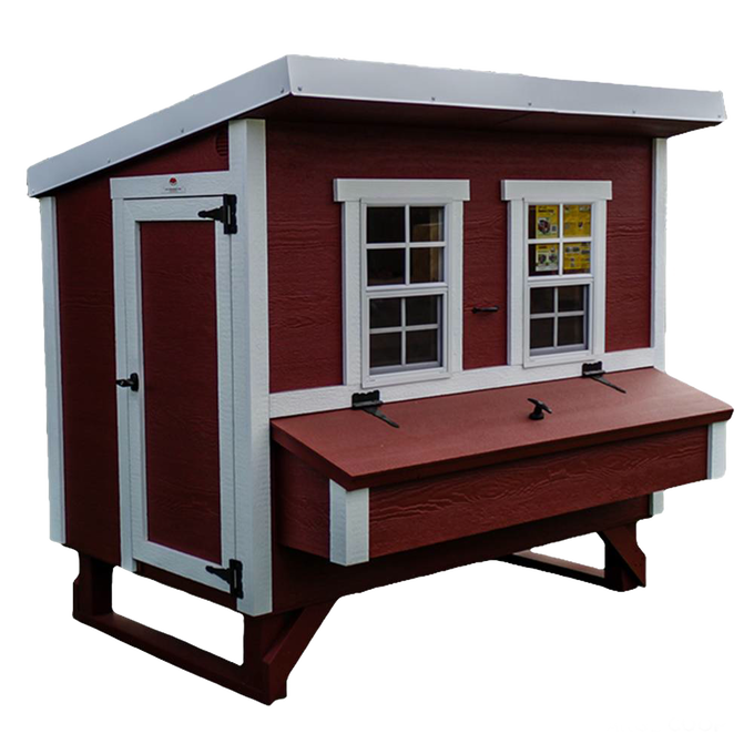 Handcrafted heavy-duty chicken coop in red with white trim, featuring windows, secure door, and nesting box, designed for year-round use in farm, garden & tool, and chicken accessories collections.