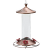 Clear glass hummingbird feeder with brushed copper base and top, featuring four flower-shaped feeding ports and a metal hanger, suitable for Farm, Garden & Tool and Animal Care collections.
