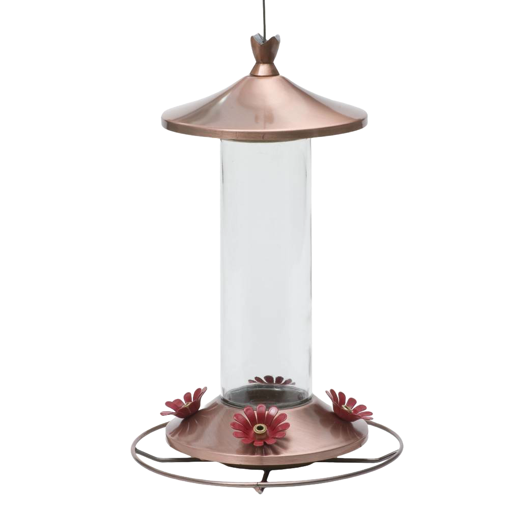 Clear glass hummingbird feeder with brushed copper base and top, featuring four flower-shaped feeding ports and a metal hanger, suitable for Farm, Garden & Tool and Animal Care collections.