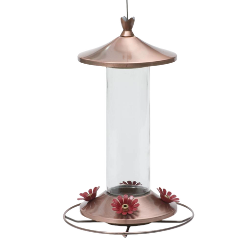 Clear glass hummingbird feeder with brushed copper base and top, featuring four flower-shaped feeding ports and a metal hanger, suitable for Farm, Garden & Tool and Animal Care collections.
