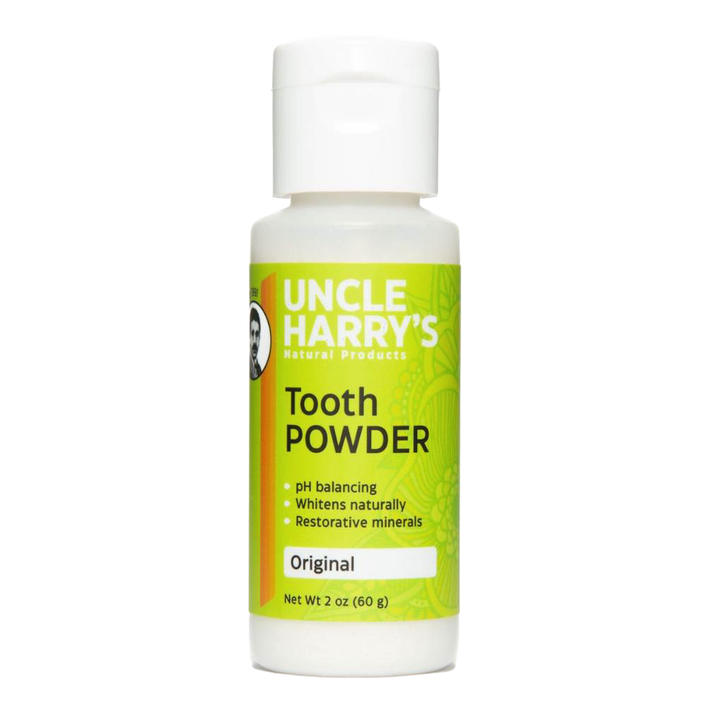 2 oz bottle of Uncle Harry's Natural tooth powder in original formula, featuring pH balancing and restorative minerals, ideal for Health & Wellness and Grooming and Personal Hygiene collections, made in USA and best seller.