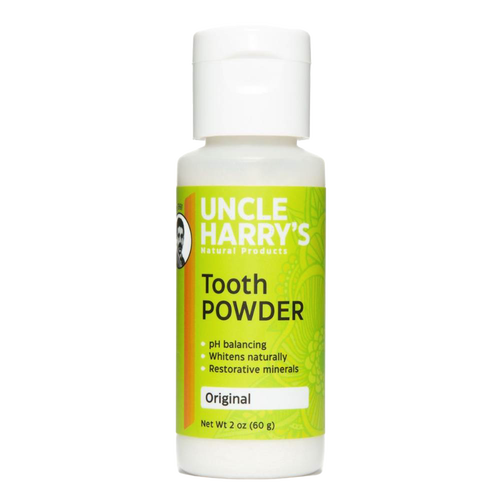 2 oz bottle of Uncle Harry's Natural tooth powder in original formula, featuring pH balancing and restorative minerals, ideal for Health & Wellness and Grooming and Personal Hygiene collections, made in USA and best seller.