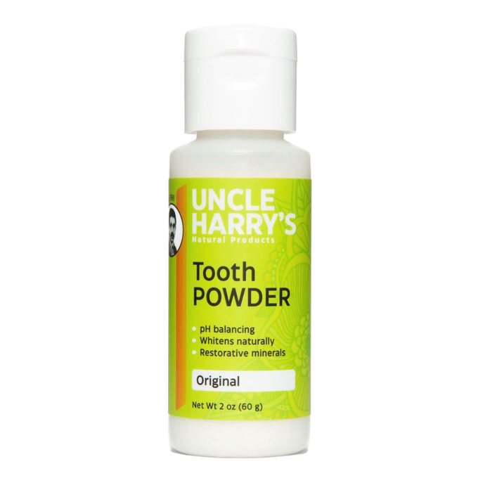 2 oz bottle of Uncle Harry's Natural tooth powder in original formula, featuring pH balancing and restorative minerals, ideal for Health & Wellness and Grooming and Personal Hygiene collections, made in USA and best seller.