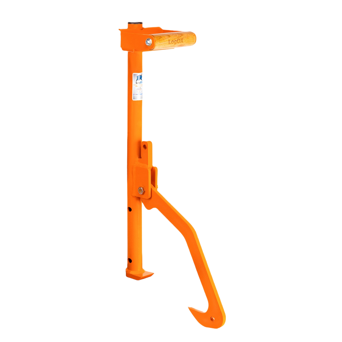 Bright orange steel log hauler tool with ergonomic handle and cant hook design, handcrafted and made in USA, ideal for farm, garden, and wood cutting tasks.