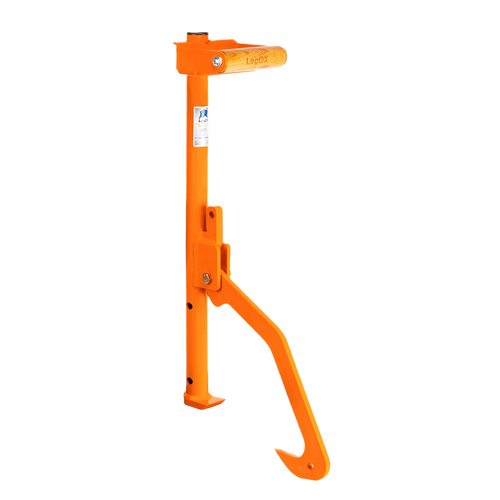 Bright orange steel log hauler tool with ergonomic handle and cant hook design, handcrafted and made in USA, ideal for farm, garden, and wood cutting tasks.