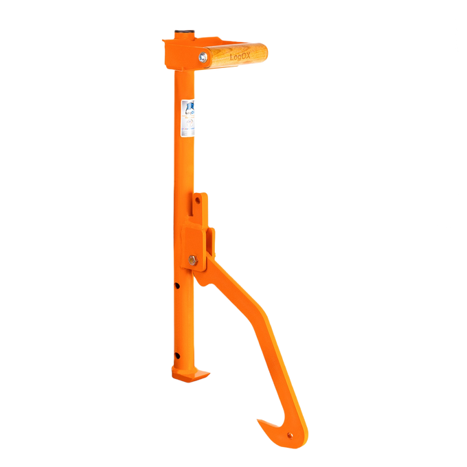 Bright orange steel log hauler tool with ergonomic handle and cant hook design, handcrafted and made in USA, ideal for farm, garden, and wood cutting tasks.