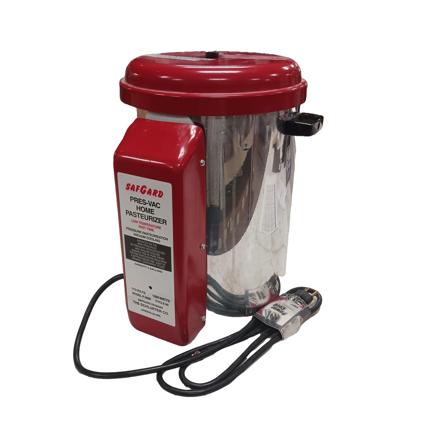 Compact home milk pasteurizer with stainless steel body and red top, featuring an electric heating element and control box, suitable for farm and animal care use.