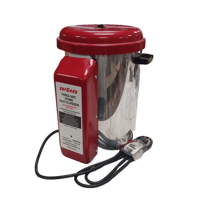 Compact home milk pasteurizer with stainless steel body and red top, featuring an electric heating element and control box, suitable for farm and animal care use.