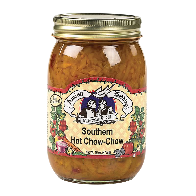 Glass jar of handcrafted Southern chow-chow relish with golden metal lid, featuring colorful label with vegetables, ideal for Kitchen & Food, Pantry, USA Made, Best Sellers, and Promo Eligible collections.