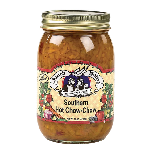 Glass jar of handcrafted Southern chow-chow relish with golden metal lid, featuring colorful label with vegetables, ideal for Kitchen & Food, Pantry, USA Made, Best Sellers, and Promo Eligible collections.