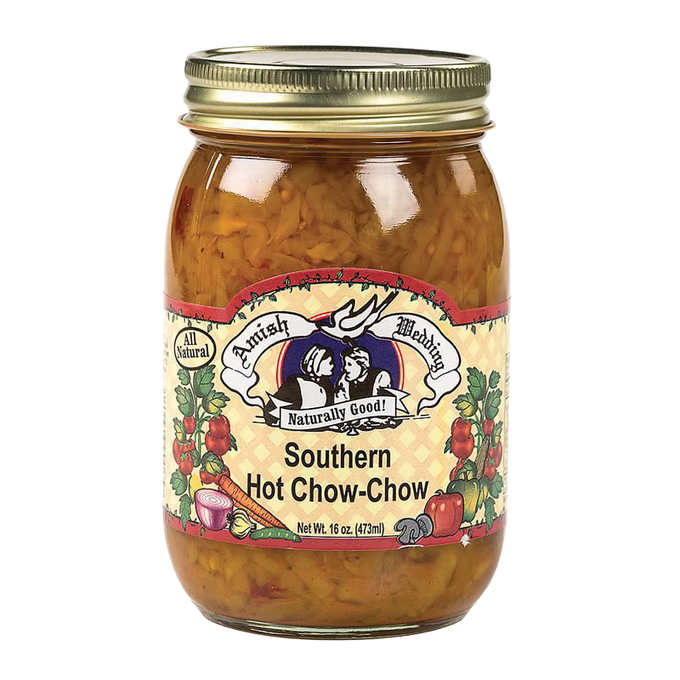 Glass jar of handcrafted Southern chow-chow relish with golden metal lid, featuring colorful label with vegetables, ideal for Kitchen & Food, Pantry, USA Made, Best Sellers, and Promo Eligible collections.