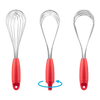 Three stainless steel whisks with red ergonomic handles, demonstrating a versatile twist design to convert between balloon, sauce, and flat whisks, ideal for Kitchen & Food, Kitchen Gadgets, Cooking and Baking Helpers, Best Sellers, and Promo Eligible collections.