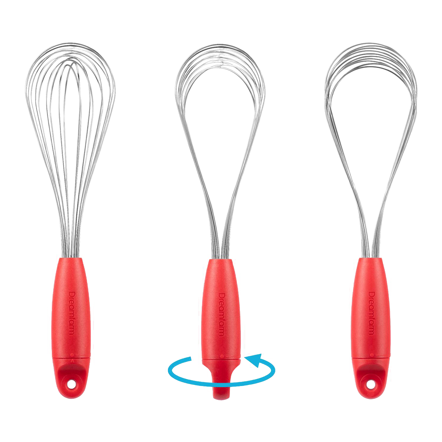 Three stainless steel whisks with red ergonomic handles, demonstrating a versatile twist design to convert between balloon, sauce, and flat whisks, ideal for Kitchen & Food, Kitchen Gadgets, Cooking and Baking Helpers, Best Sellers, and Promo Eligible collections.