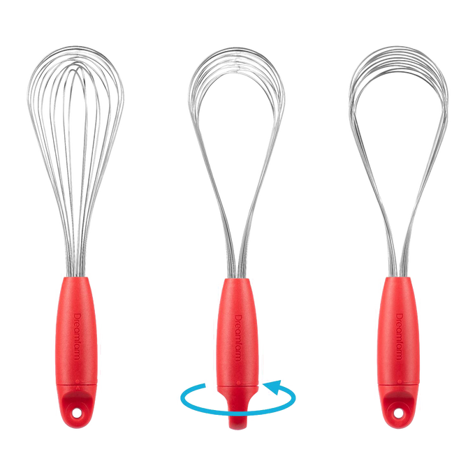 Three stainless steel whisks with red ergonomic handles, demonstrating a versatile twist design to convert between balloon, sauce, and flat whisks, ideal for Kitchen & Food, Kitchen Gadgets, Cooking and Baking Helpers, Best Sellers, and Promo Eligible collections.