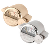 Two metal manometers for pressure lamps, one with a shiny brass finish and the other in polished chrome, both featuring a clear pressure gauge with red highlight, ideal for lamps and lighting parts.