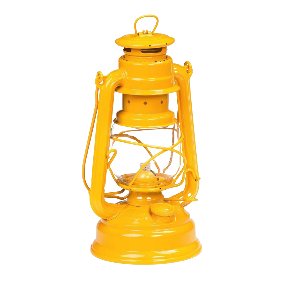 Handcrafted bright yellow galvanized oil lantern with durable design, ideal for Lamps & Lighting, Camping, Emergency Supplies, and Outdoor collections.