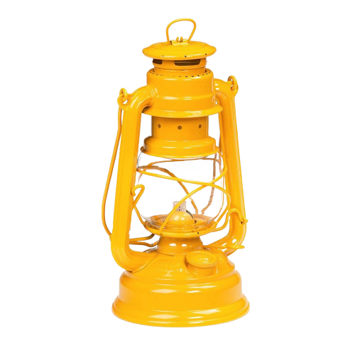 Handcrafted bright yellow galvanized oil lantern with durable design, ideal for Lamps & Lighting, Camping, Emergency Supplies, and Outdoor collections.