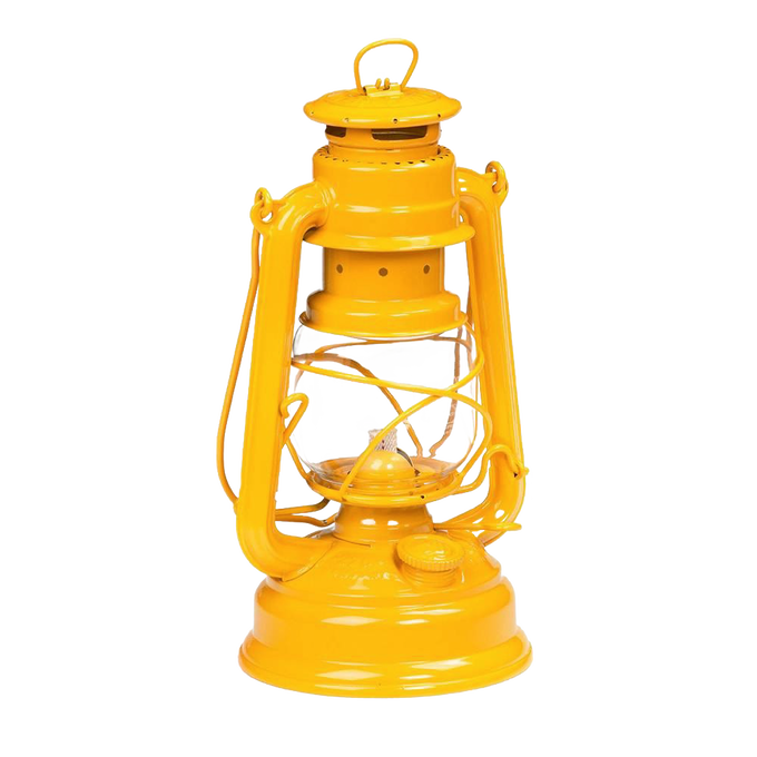 Handcrafted bright yellow galvanized oil lantern with durable design, ideal for Lamps & Lighting, Camping, Emergency Supplies, and Outdoor collections.