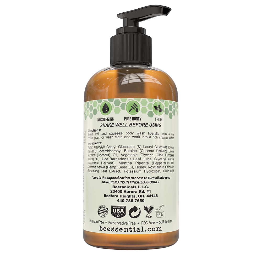Amber pump bottle of natural body wash with bee and honeycomb icons, detailed ingredients list, usage instructions, and USA made label; featured in Health & Wellness and Soaps collections.