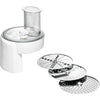 White plastic slicer shredder attachment with clear feed chute, accompanied by three stainless steel discs for slicing, shredding, and grating, ideal for Kitchen & Food and USA Made collections.