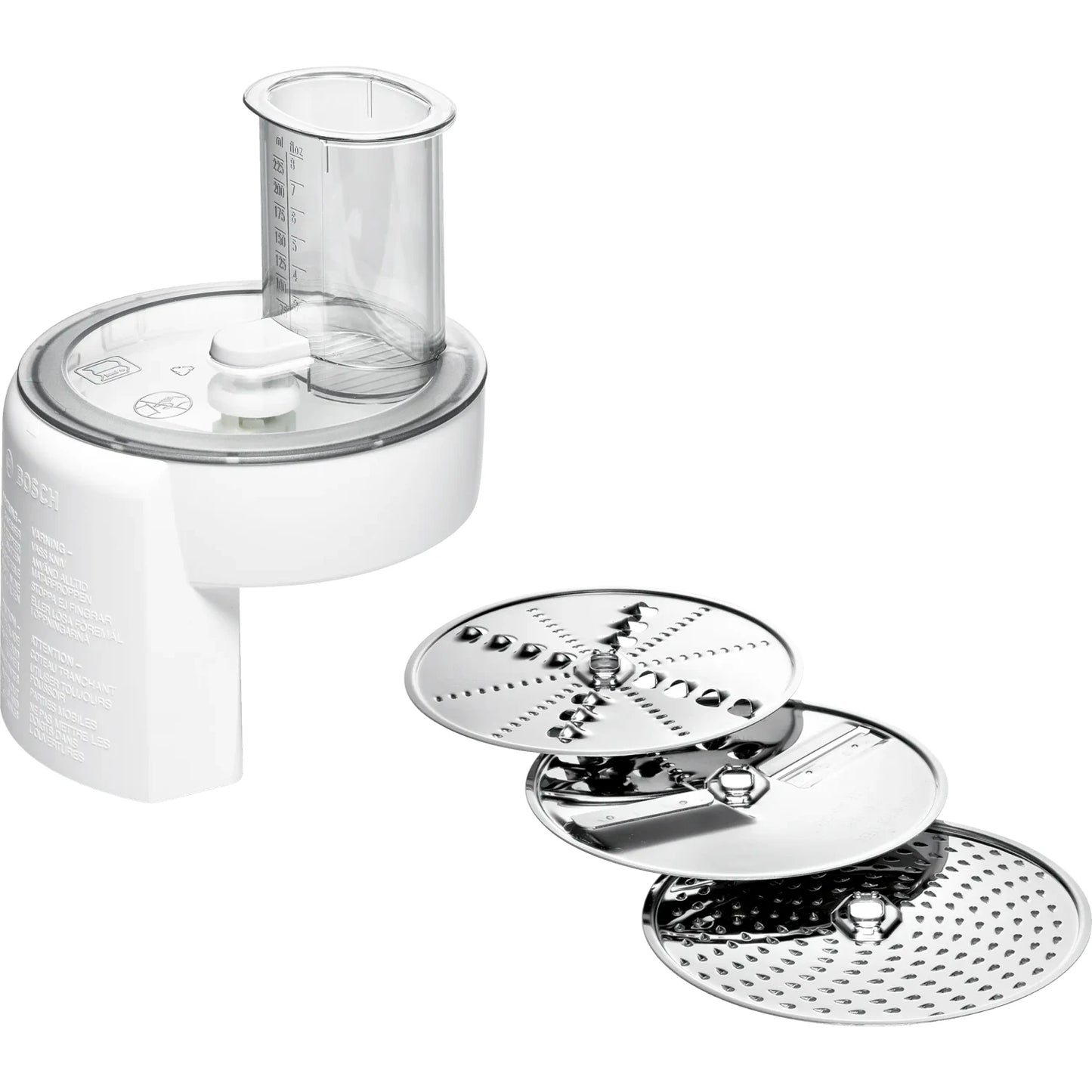 White plastic slicer shredder attachment with clear feed chute, accompanied by three stainless steel discs for slicing, shredding, and grating, ideal for Kitchen & Food and USA Made collections.