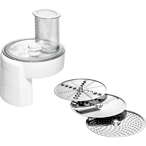 White plastic slicer shredder attachment with clear feed chute, accompanied by three stainless steel discs for slicing, shredding, and grating, ideal for Kitchen & Food and USA Made collections.