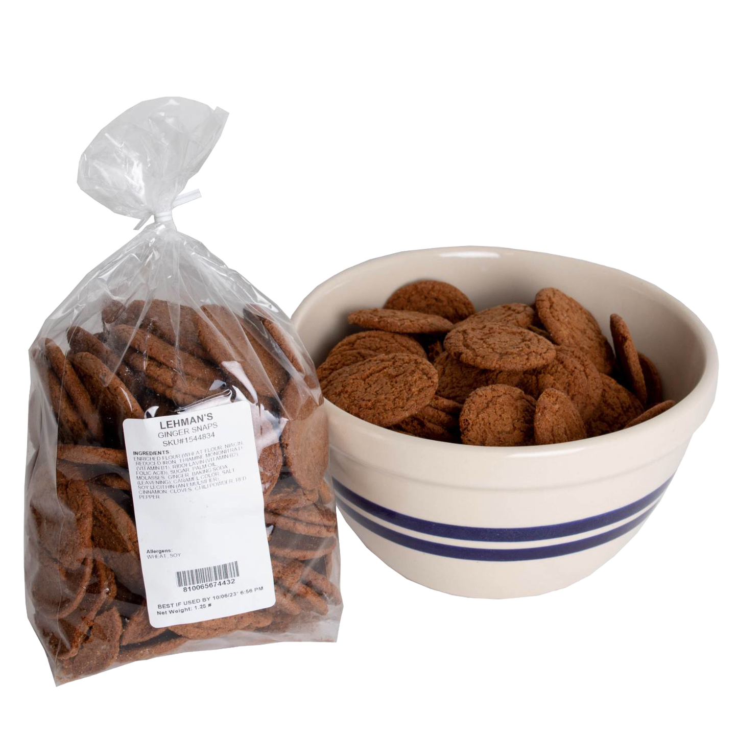 Two bags of handcrafted crispy ginger snap cookies, rich in warm spices and molasses, displayed beside a ceramic bowl with blue stripes, part of Kitchen & Food and USA Made collections.
