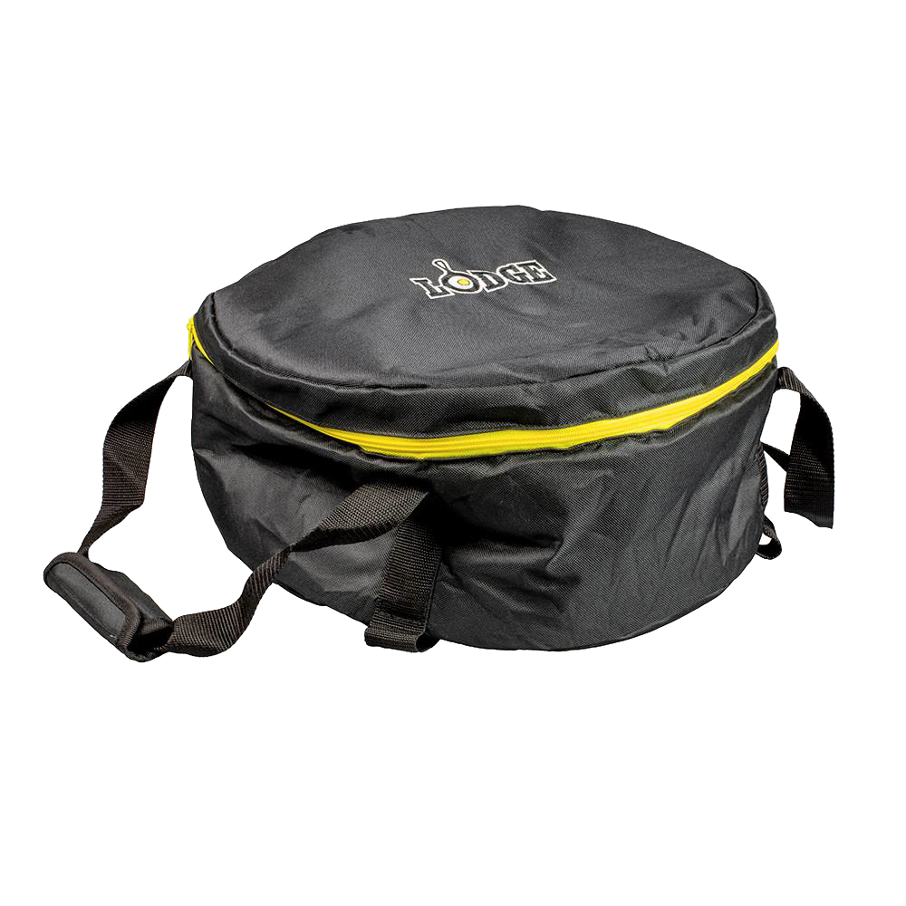 Black round tote bag with weather-resistant polyester, thick padding, self-healing zipper, and durable carry straps, designed for camping and cookware storage in kitchen and outdoor collections.