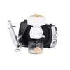 Black and silver stand mixer fitted with a white flake mill attachment rolling oats into flakes collected in a clear container, ideal for Kitchen & Food, Baking Supplies, Grain Mills, and Promo Eligible collections.