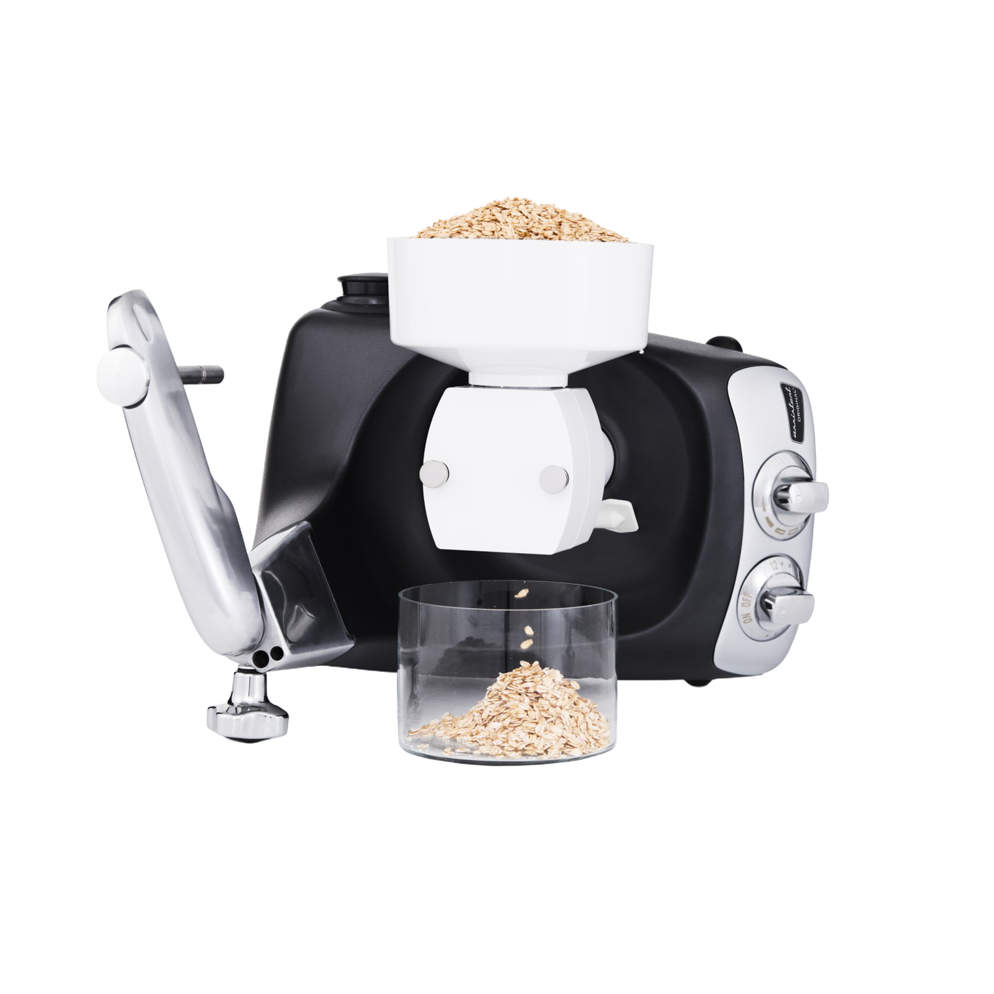 Black and silver stand mixer fitted with a white flake mill attachment rolling oats into flakes collected in a clear container, ideal for Kitchen & Food, Baking Supplies, Grain Mills, and Promo Eligible collections.