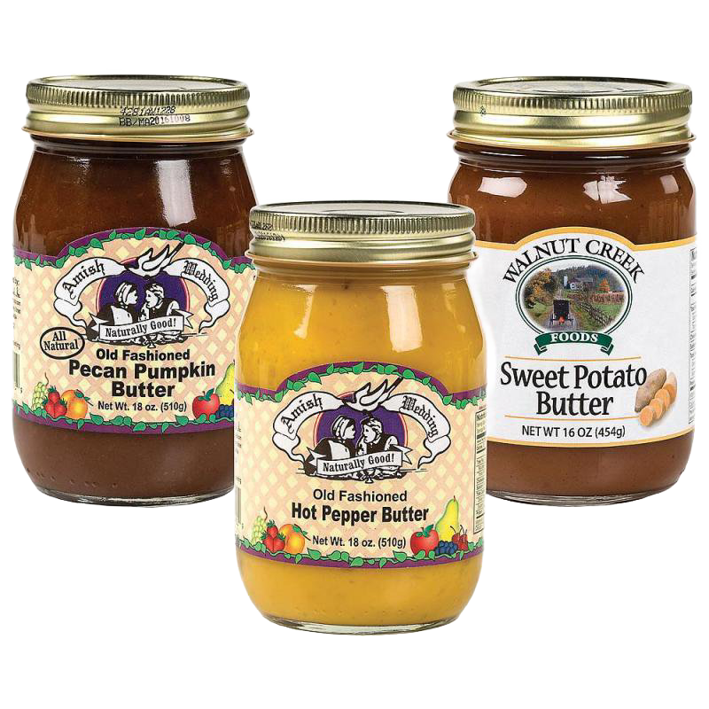 Three glass jars of handcrafted unique flavored butters including pecan pumpkin, hot pepper, and sweet potato varieties, made in USA, ideal for Kitchen & Food, Pantry, and Best Sellers collections.