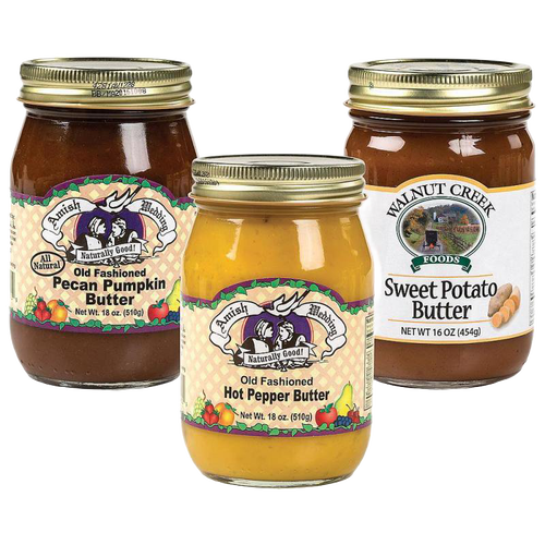 Three glass jars of handcrafted unique flavored butters including pecan pumpkin, hot pepper, and sweet potato varieties, made in USA, ideal for Kitchen & Food, Pantry, and Best Sellers collections.