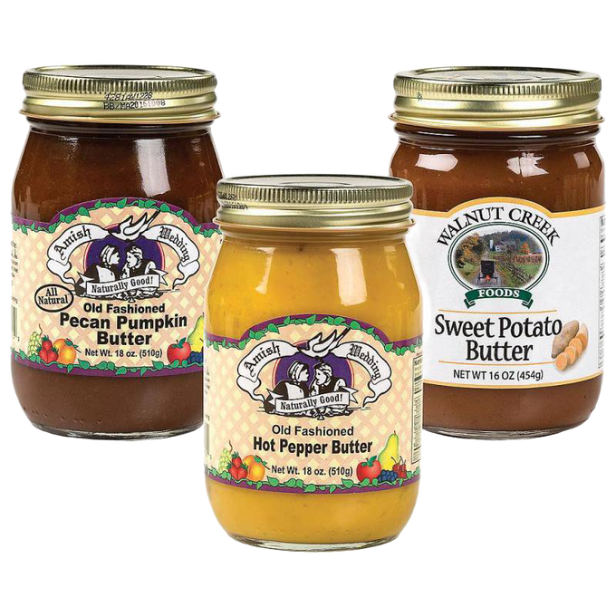 Three glass jars of handcrafted unique flavored butters including pecan pumpkin, hot pepper, and sweet potato varieties, made in USA, ideal for Kitchen & Food, Pantry, and Best Sellers collections.