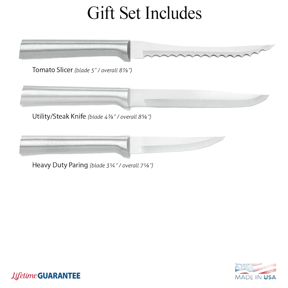 Three handcrafted stainless steel knives with smooth handles, including a tomato slicer, utility/steak knife, and heavy-duty paring knife, USA made for kitchen and food prep.