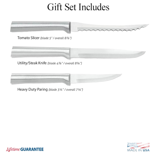 Three handcrafted stainless steel knives with smooth handles, including a tomato slicer, utility/steak knife, and heavy-duty paring knife, USA made for kitchen and food prep.