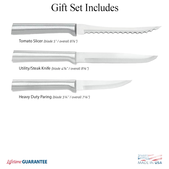 Three handcrafted stainless steel knives with smooth handles, including a tomato slicer, utility/steak knife, and heavy-duty paring knife, USA made for kitchen and food prep.